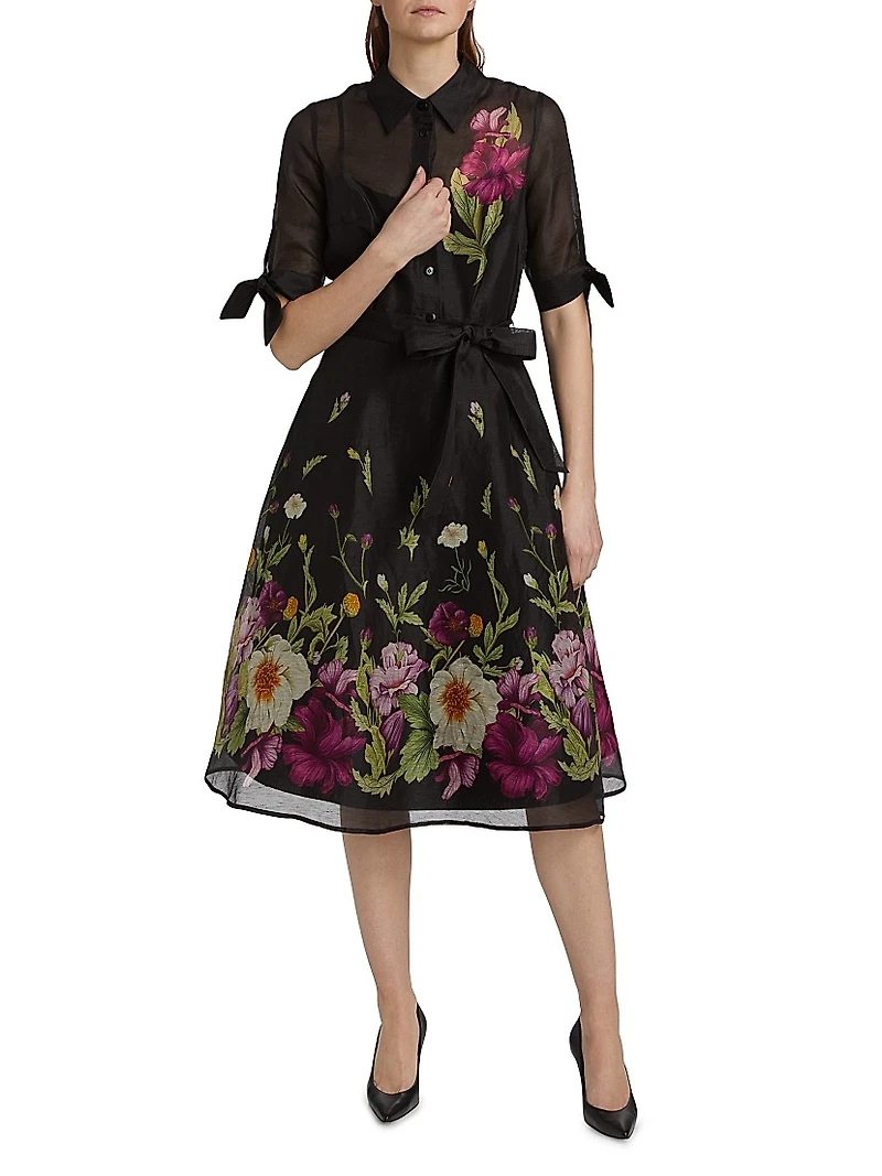 Floral Silk-Linen Tie-Waist Cocktail Dress