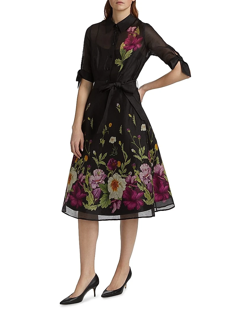 Floral Silk-Linen Tie-Waist Cocktail Dress