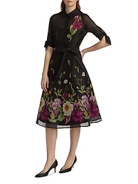 Floral Silk-Linen Tie-Waist Cocktail Dress
