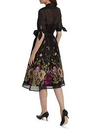 Floral Silk-Linen Tie-Waist Cocktail Dress