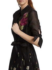 Floral Silk-Linen Tie-Waist Cocktail Dress