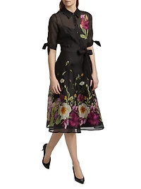 Floral Silk-Linen Tie-Waist Cocktail Dress