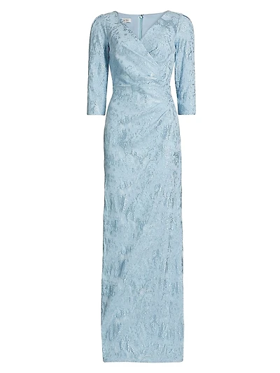 Ruched Metallic Jacquard Gown