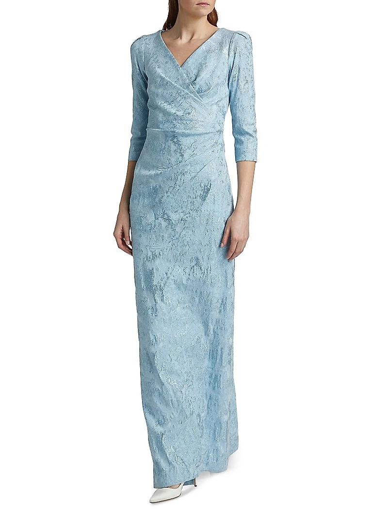 Ruched Metallic Jacquard Gown