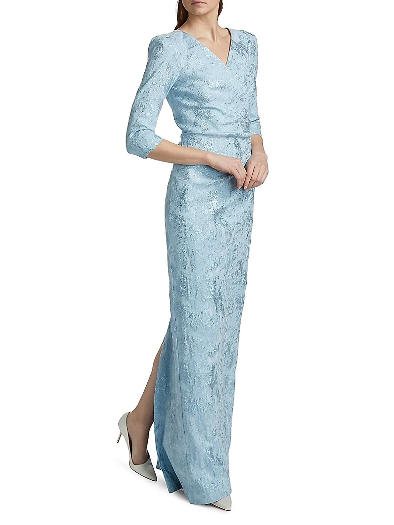 Ruched Metallic Jacquard Gown