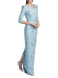 Ruched Metallic Jacquard Gown
