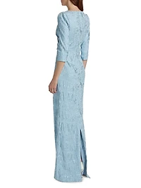Ruched Metallic Jacquard Gown