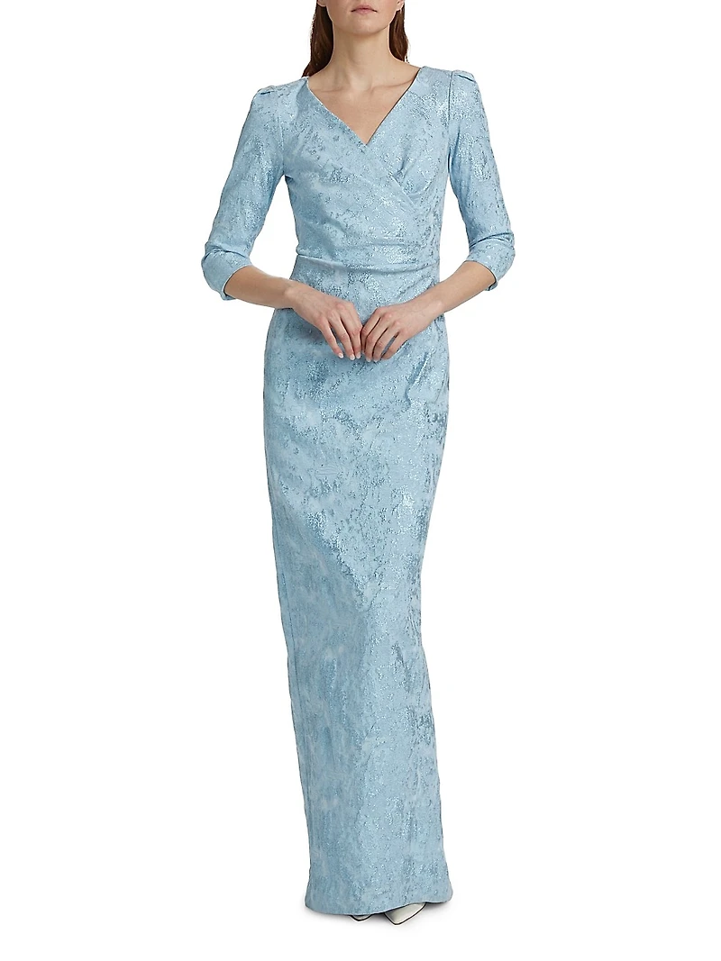 Ruched Metallic Jacquard Gown