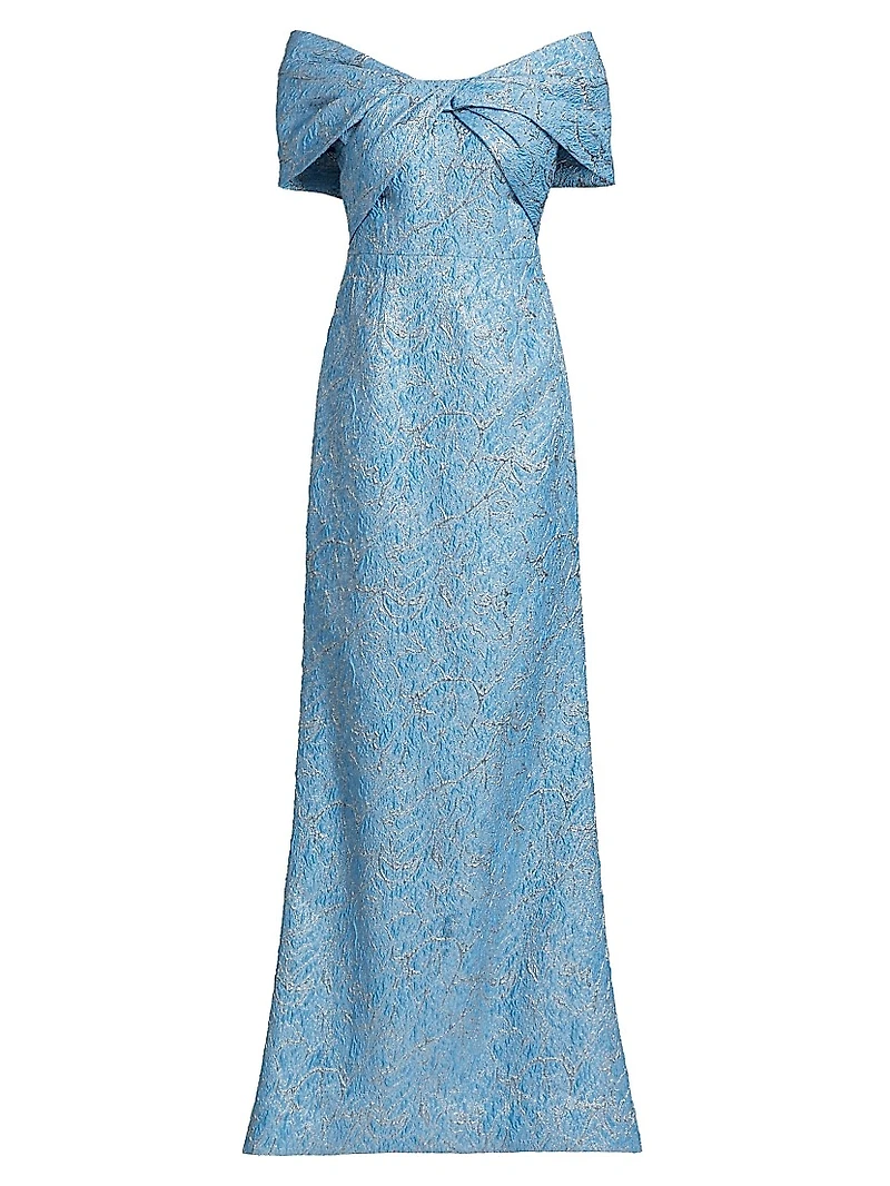 Metallic Jacquard Twist Off-the-Shoulder Gown