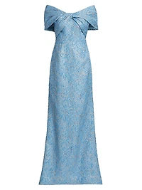 Metallic Jacquard Twist Off-the-Shoulder Gown