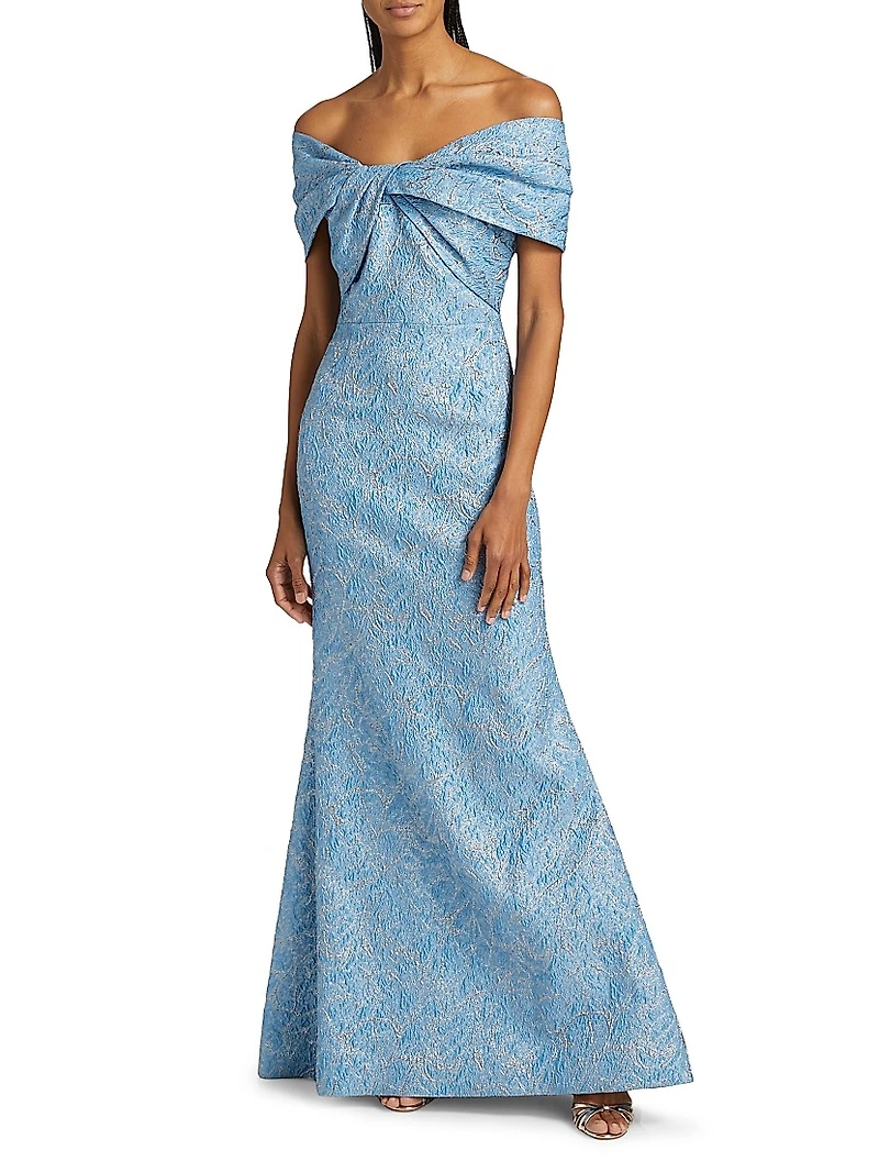 Metallic Jacquard Twist Off-the-Shoulder Gown