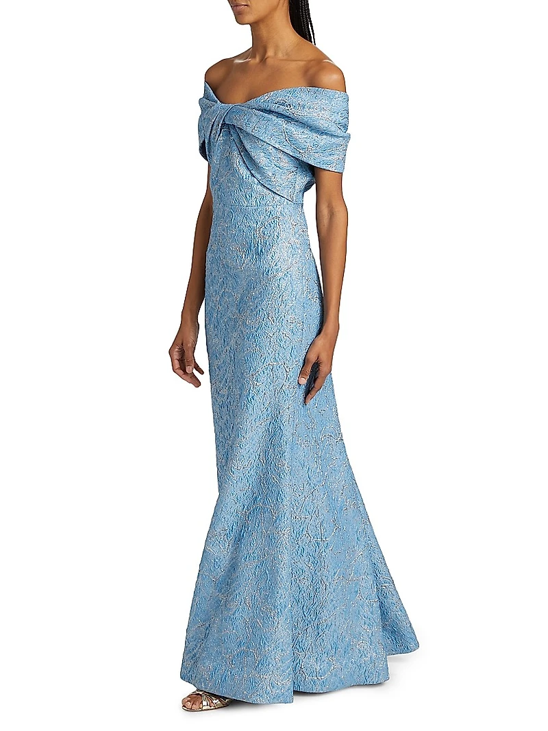 Metallic Jacquard Twist Off-the-Shoulder Gown