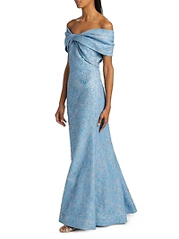 Metallic Jacquard Twist Off-the-Shoulder Gown