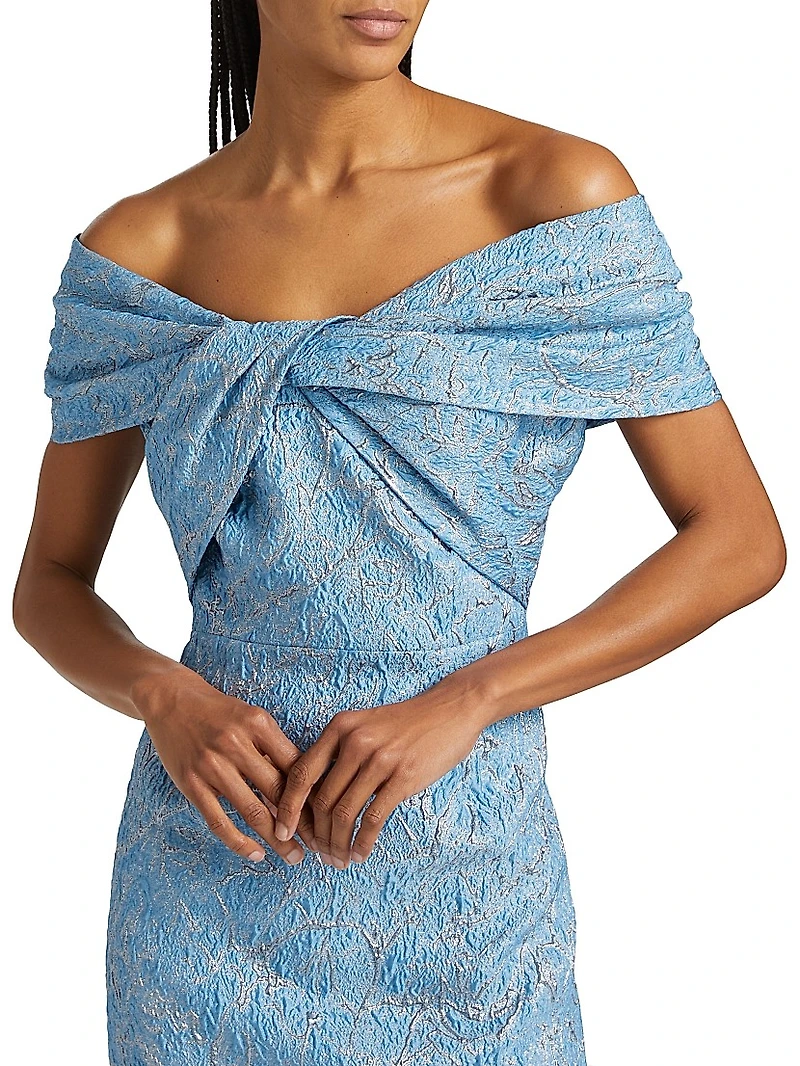 Metallic Jacquard Twist Off-the-Shoulder Gown