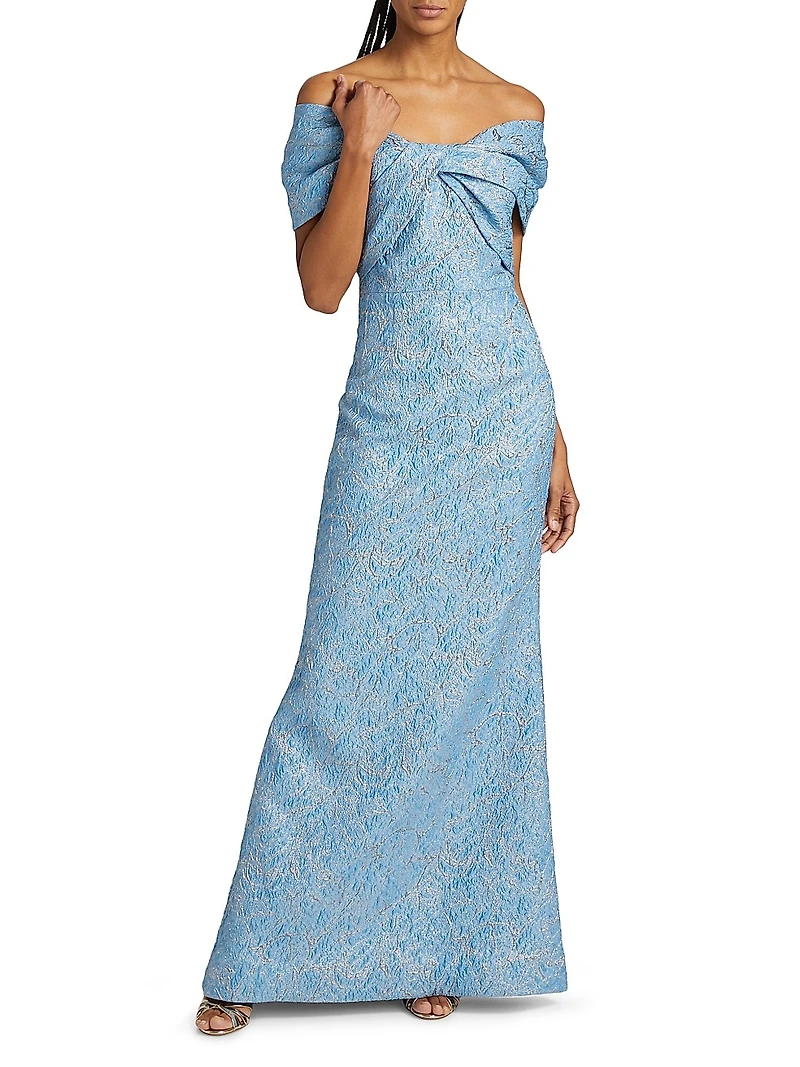Metallic Jacquard Twist Off-the-Shoulder Gown