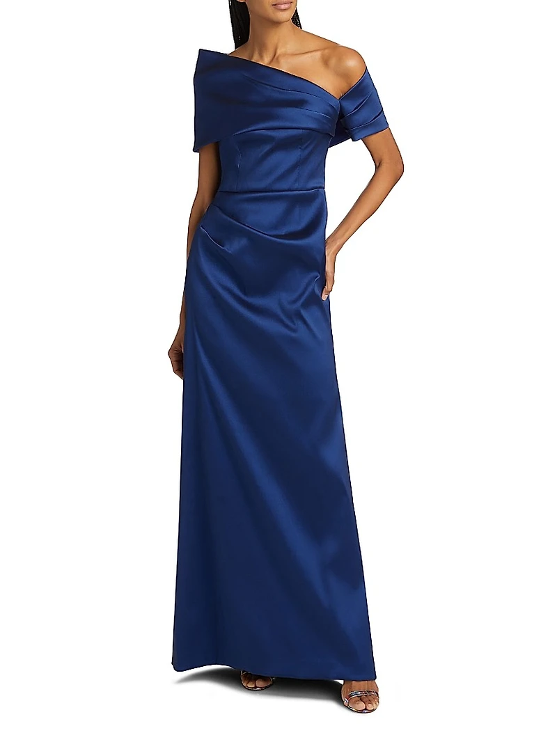 Asymmetrical Stretch Mikado Off-The-Shoulder Gown