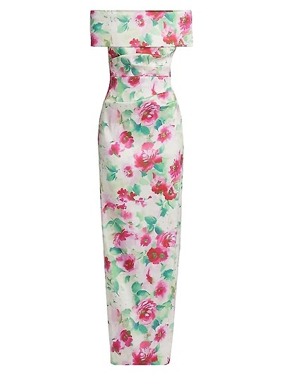 Floral Ruched Off-The-Shoulder Gown