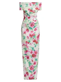Floral Ruched Off-The-Shoulder Gown