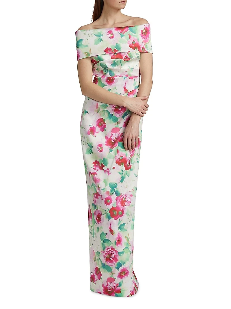Floral Ruched Off-The-Shoulder Gown