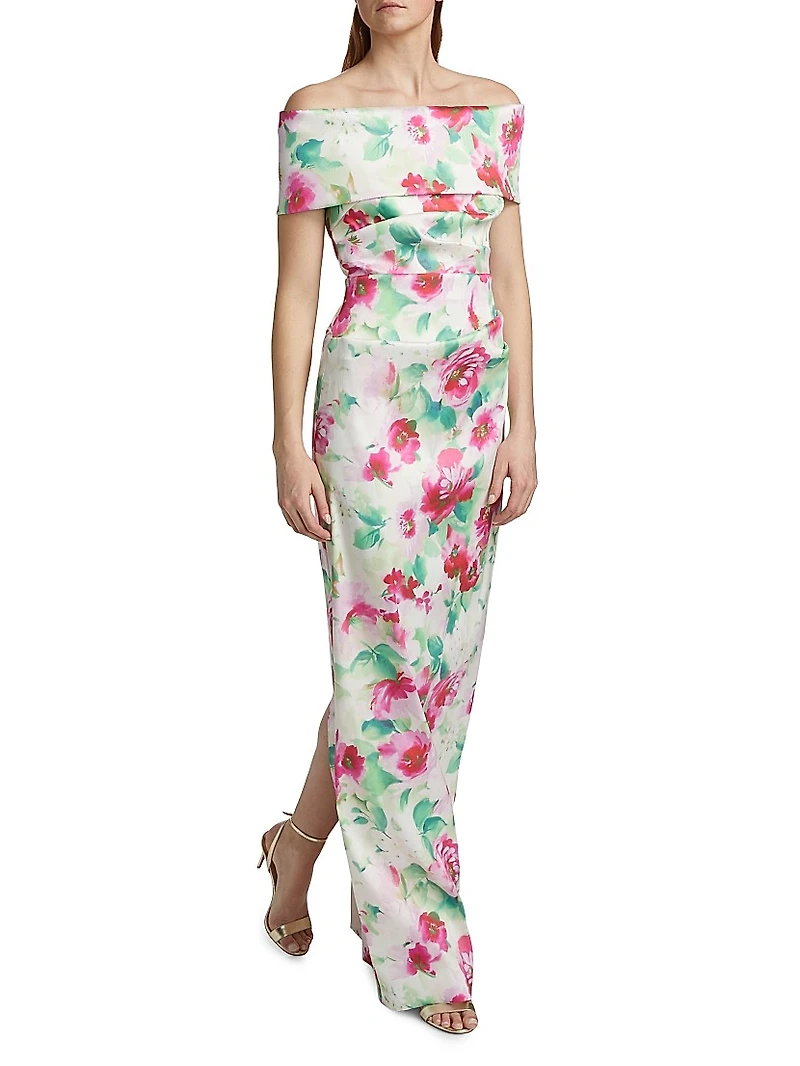 Floral Ruched Off-The-Shoulder Gown