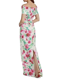 Floral Ruched Off-The-Shoulder Gown