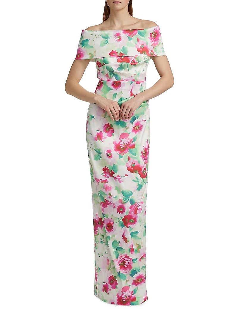 Floral Ruched Off-The-Shoulder Gown