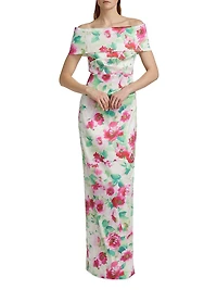 Floral Ruched Off-The-Shoulder Gown