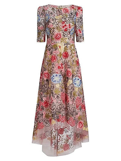 Floral Embroidery Mesh High-Low Midi-Dress