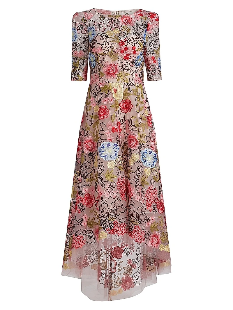 Floral Embroidery Mesh High-Low Midi-Dress