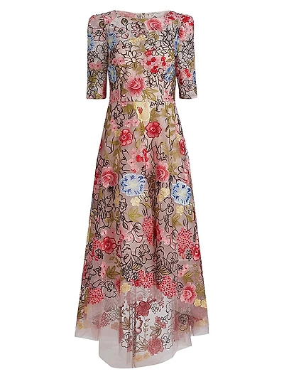 Floral Embroidery Mesh High-Low Midi-Dress