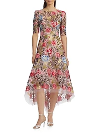 Floral Embroidery Mesh High-Low Midi-Dress