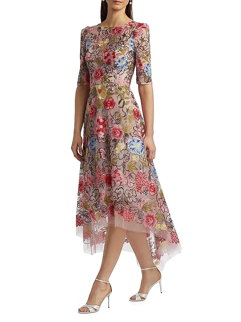 Floral Embroidery Mesh High-Low Midi-Dress