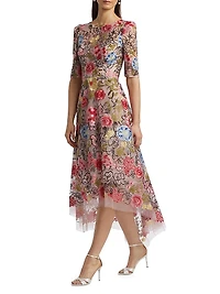 Floral Embroidery Mesh High-Low Midi-Dress