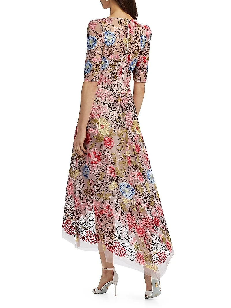 Floral Embroidery Mesh High-Low Midi-Dress