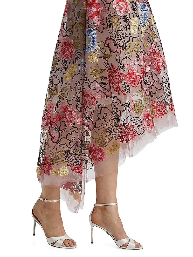 Floral Embroidery Mesh High-Low Midi-Dress