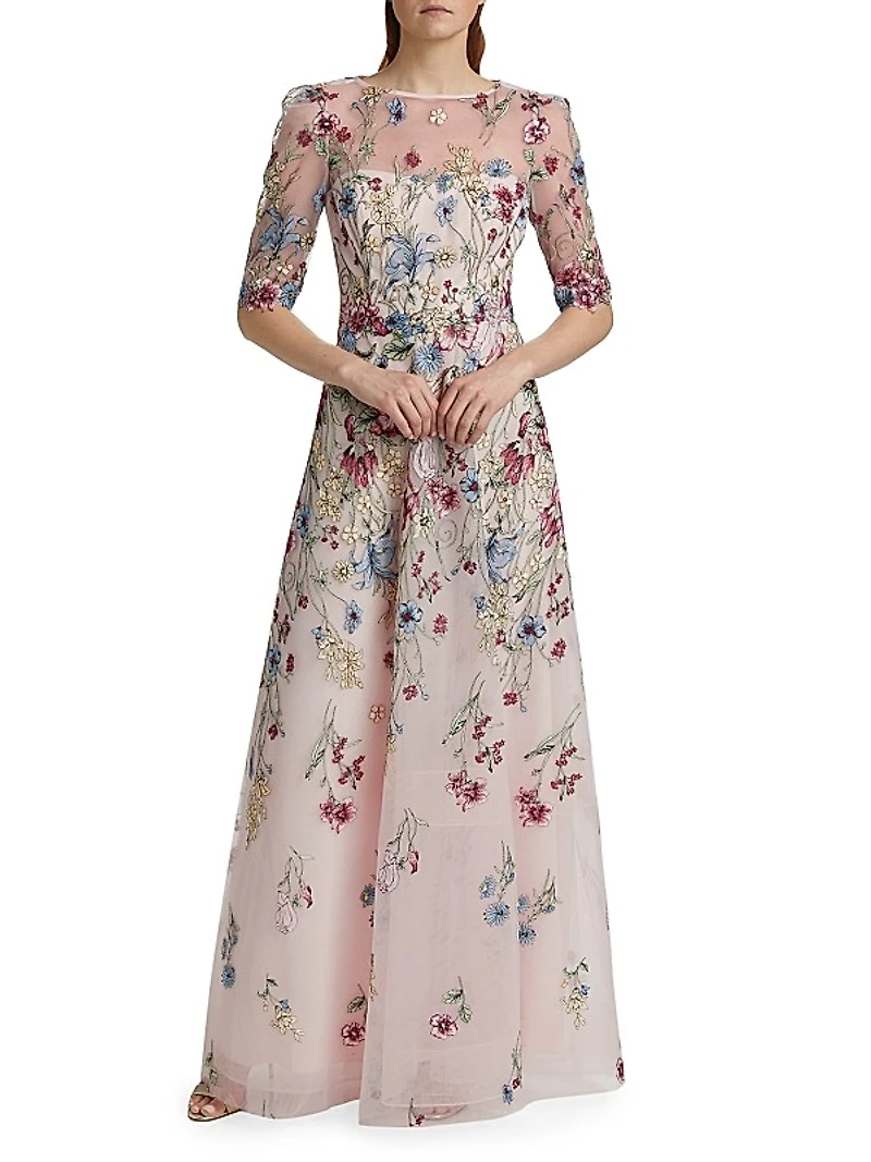 Floral-Embroidered Tulle A-Line Gown