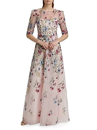 Floral-Embroidered Tulle A-Line Gown