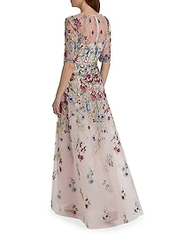 Floral-Embroidered Tulle A-Line Gown