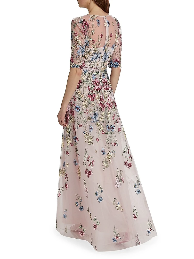 Floral-Embroidered Tulle A-Line Gown