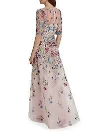 Floral-Embroidered Tulle A-Line Gown