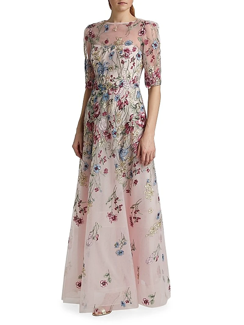 Floral-Embroidered Tulle A-Line Gown