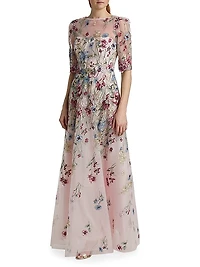 Floral-Embroidered Tulle A-Line Gown