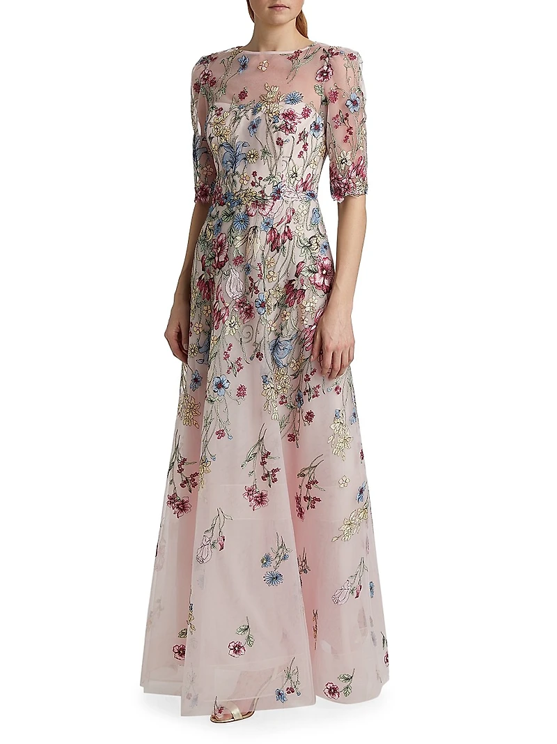 Floral-Embroidered Tulle A-Line Gown