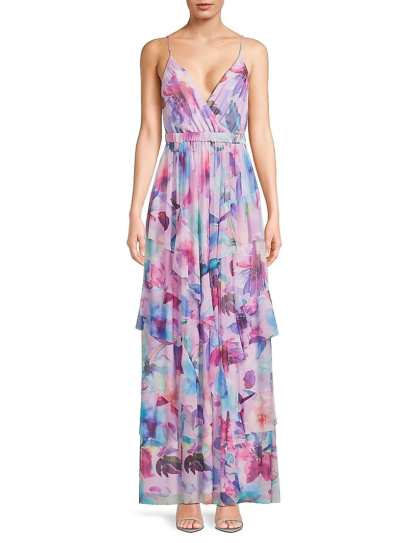 Zoey Floral Mesh Ruffle Maxi Dress