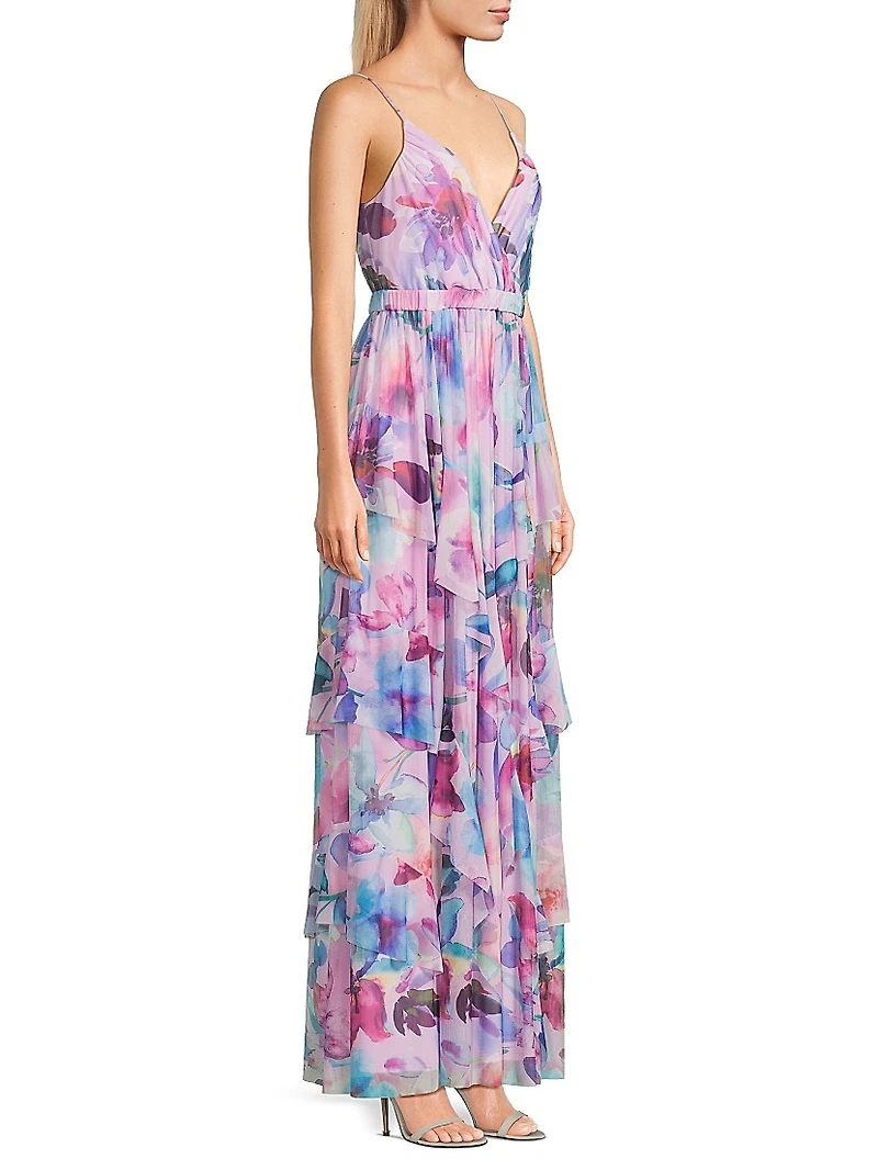 Zoey Floral Mesh Ruffle Maxi Dress