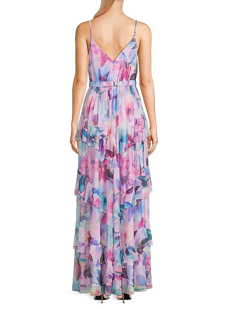 Zoey Floral Mesh Ruffle Maxi Dress