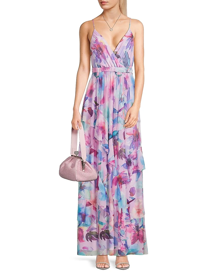 Zoey Floral Mesh Ruffle Maxi Dress