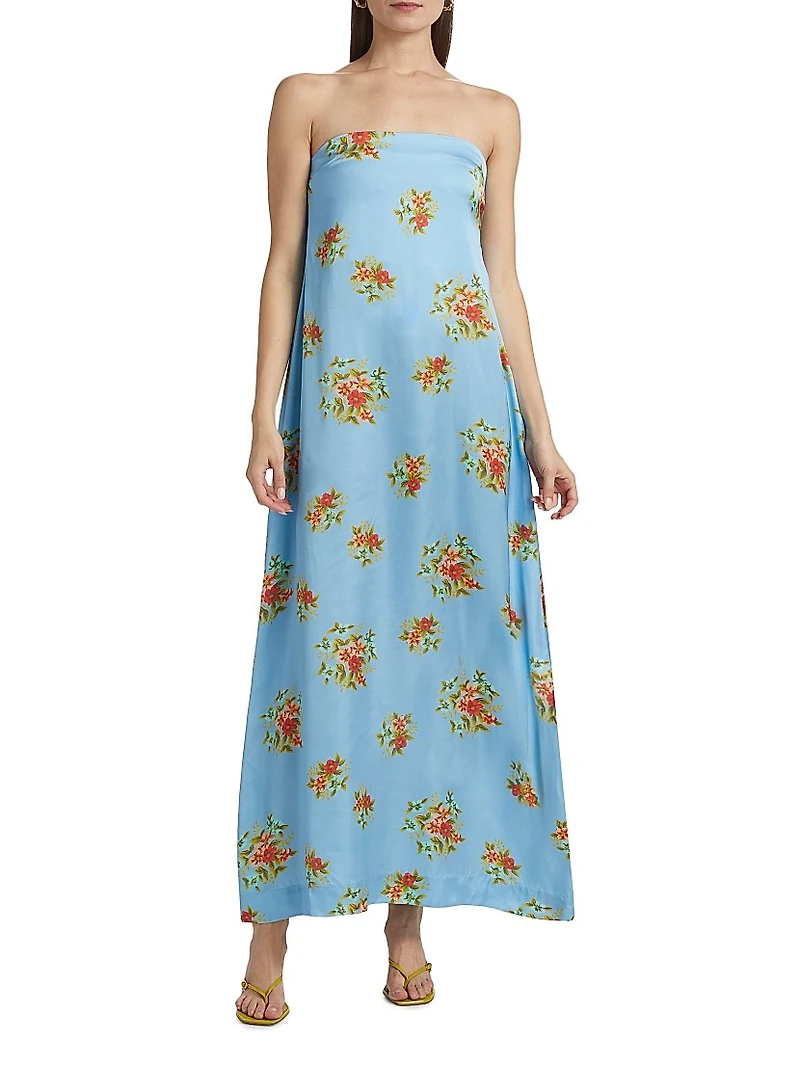 Lucie Floral Satin Strapless Maxi Dress