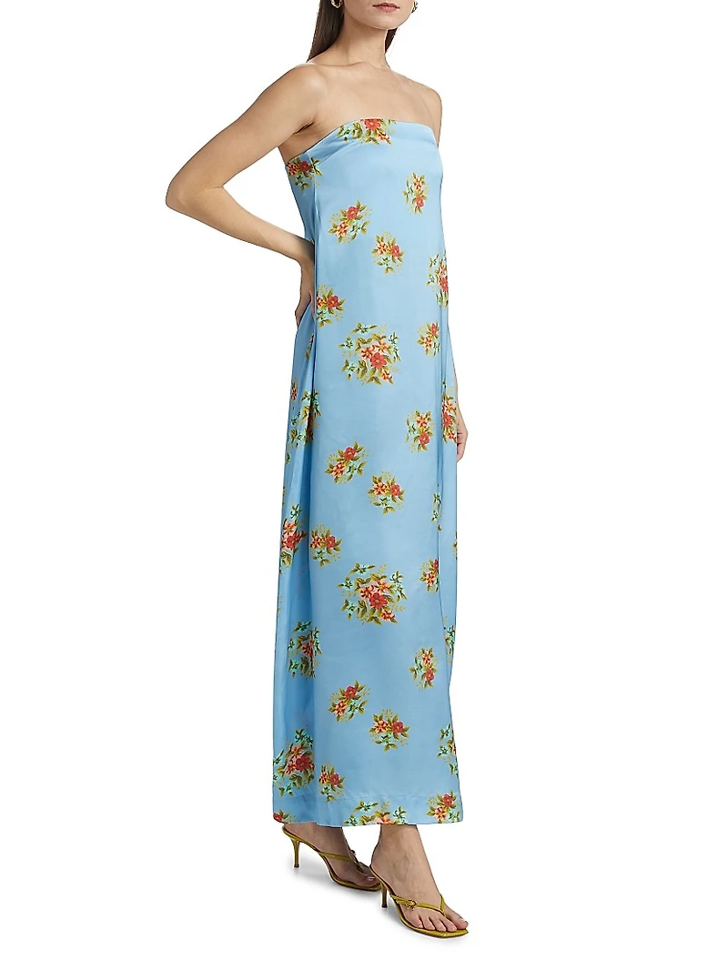 Lucie Floral Satin Strapless Maxi Dress