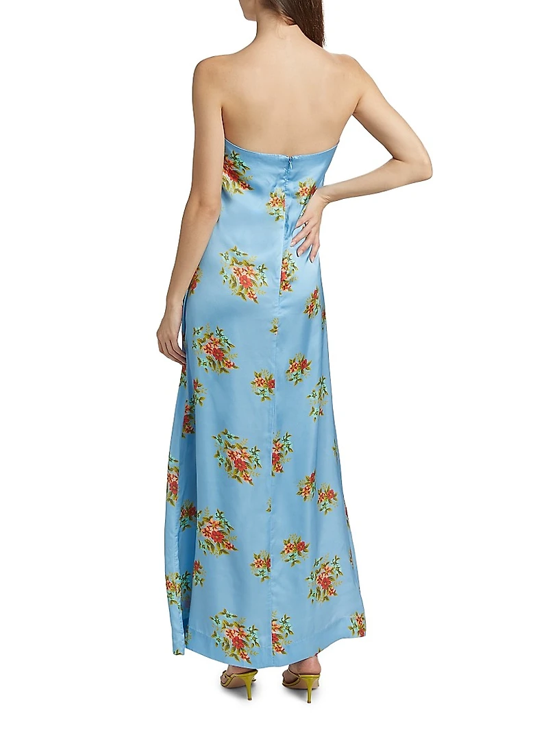 Lucie Floral Satin Strapless Maxi Dress